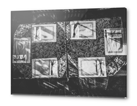 dining table with classic tablecloth in black and white Acrylic prints by Timmy333