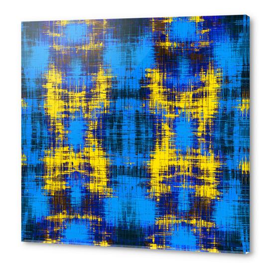 geometric plaid pattern painting abstract in blue yellow and black Acrylic prints by Timmy333