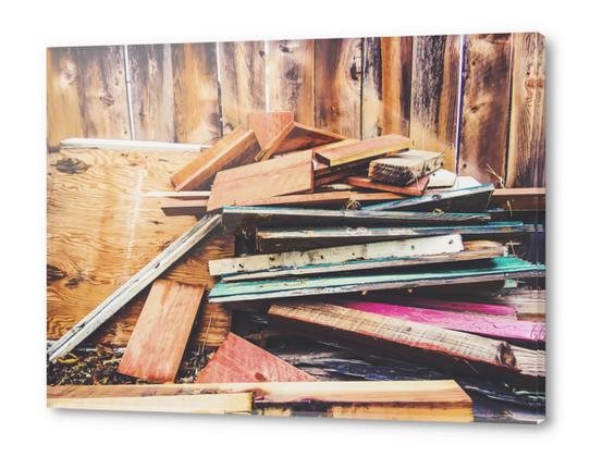 stack of wood with wooden fence background Acrylic prints by Timmy333