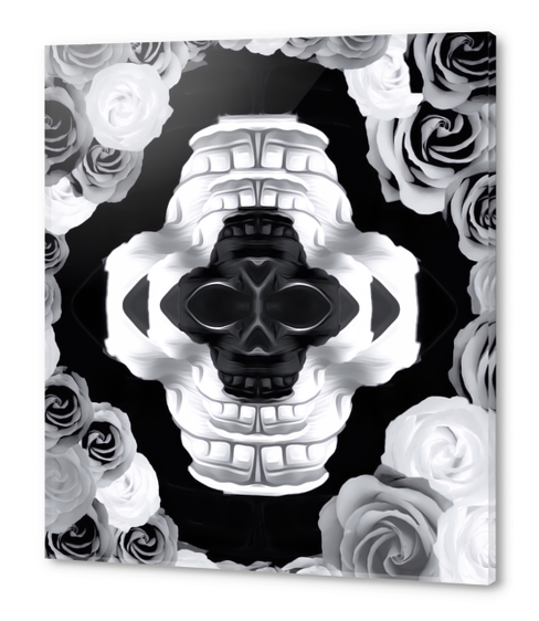 funny skull portrait with roses in black and white Acrylic prints by Timmy333