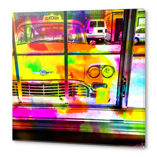 yellow classic taxi car with colorful painting abstract in pink orange green Acrylic prints by Timmy333