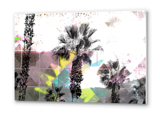 palm tree with geometric pixel square pattern abstract in pink yellow blue Metal prints by Timmy333