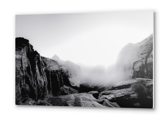 Mountain with sunlight at Zion national park Utah USA in black and white Metal prints by Timmy333