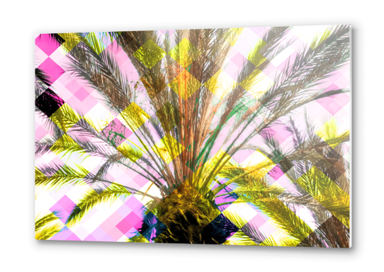 palm tree with geometric pixel square pattern abstract in pink yellow Metal prints by Timmy333