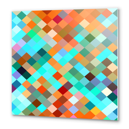 geometric square pixel pattern abstract in blue orange yellow brown green Metal prints by Timmy333