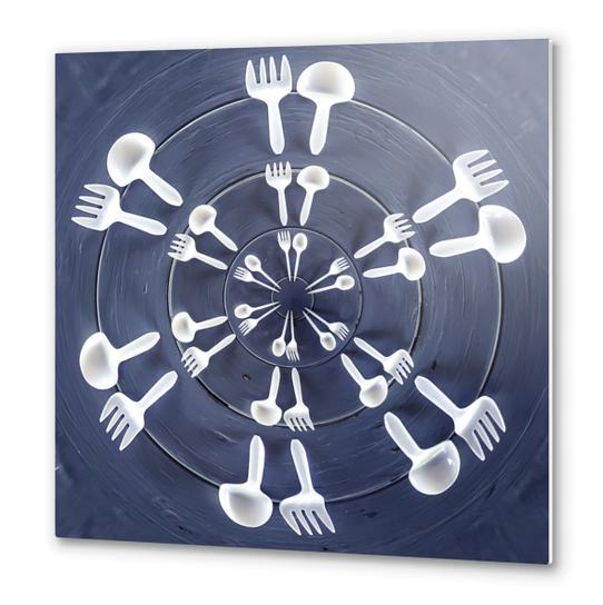 forks and spoons on the wooden table in circle pattern Metal prints by Timmy333