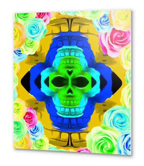 funny skull portrait with colorful roses in pink blue yellow green Metal prints by Timmy333