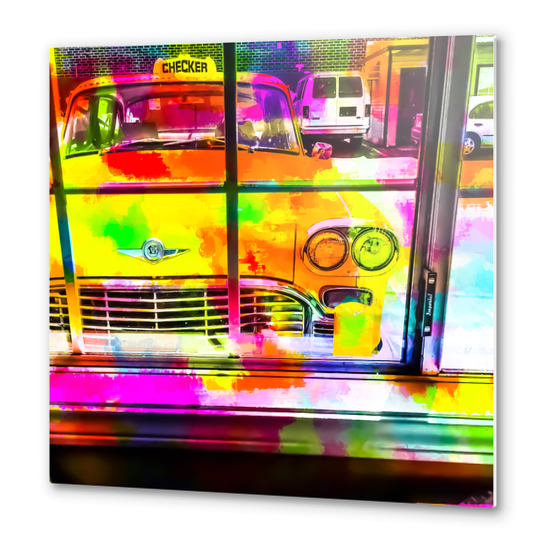 yellow classic taxi car with colorful painting abstract in pink orange green Metal prints by Timmy333