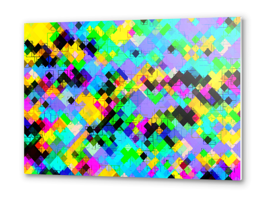 geometric square pixel pattern abstract in blue green yellow pink Metal prints by Timmy333