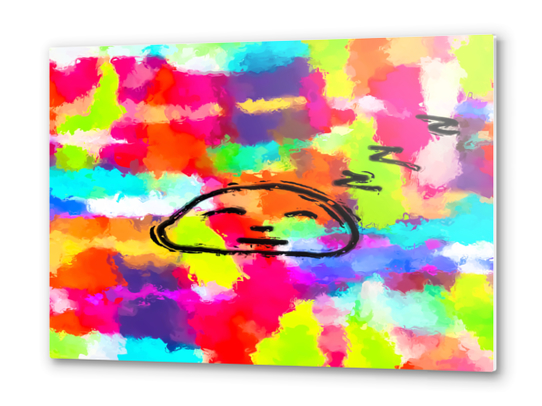 sleeping cartoon face with painting abstract background in red pink yellow blue orange Metal prints by Timmy333