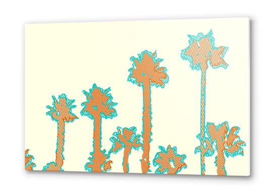 brown and blue palm trees with yellow background Metal prints by Timmy333