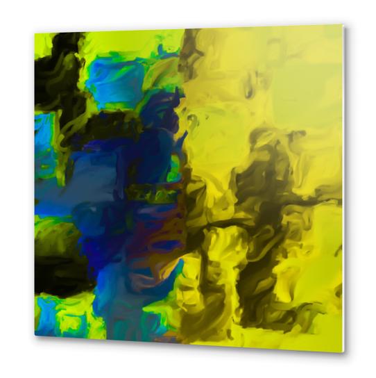 psychedelic splash painting abstract in yellow blue and black Metal prints by Timmy333