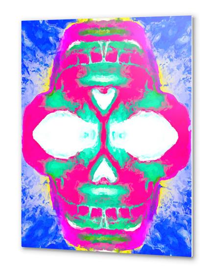 painting pink smiling skull head with blue and yellow background Metal prints by Timmy333