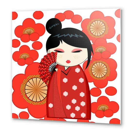 Red flower kokeshi Metal prints by PIEL Design