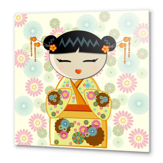 Yellow kokeshi Metal prints by PIEL Design