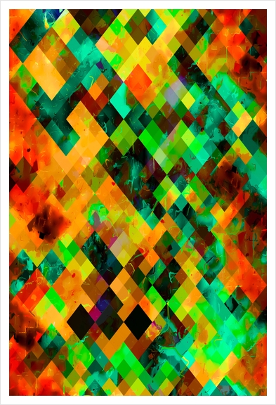 geometric square pixel pattern abstract in green brown orange blue Art Print by Timmy333