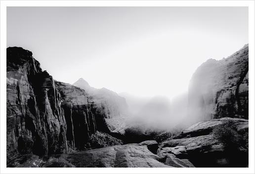 Mountain with sunlight at Zion national park Utah USA in black and white Art Print by Timmy333