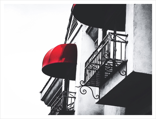 building with porch and red awning in the city Art Print by Timmy333