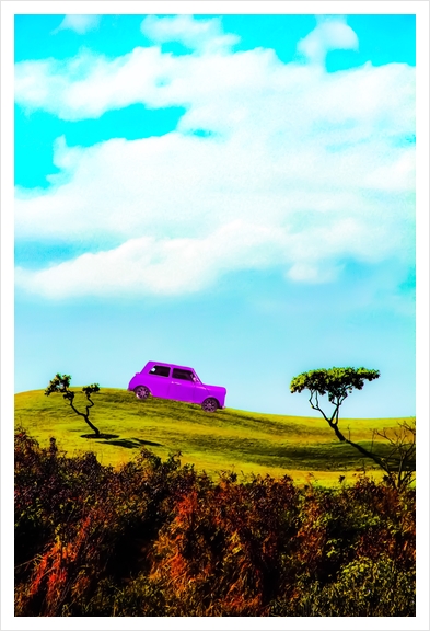 pink classic car on the green mountain with cloudy blue sky Art Print by Timmy333