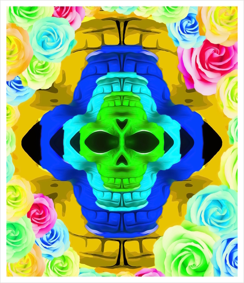 funny skull portrait with colorful roses in pink blue yellow green Art Print by Timmy333