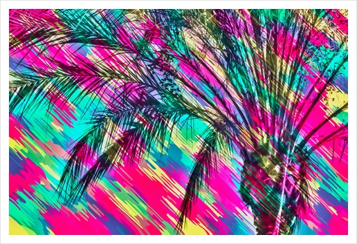 palm tree with colorful abstract background in pink green yellow blue Art Print by Timmy333