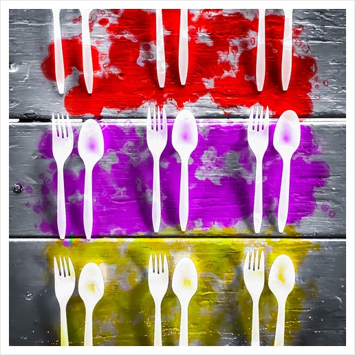 fork and spoon with splash painting texture abstract background in pink red yellow Art Print by Timmy333