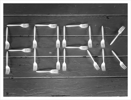 FORK alphabet made with plastic forks on the wooden table in black and white Art Print by Timmy333