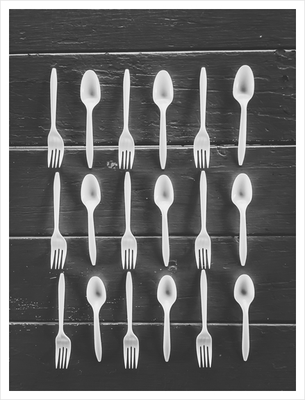 forks and spoons on the wooden table in black and white Art Print by Timmy333