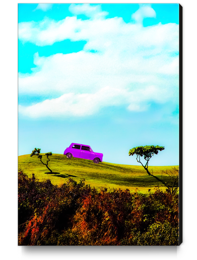 pink classic car on the green mountain with cloudy blue sky Canvas Print by Timmy333