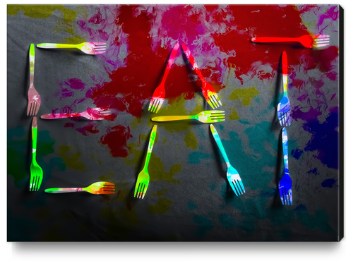 EAT alphabet by fork with red blue green yellow painting abstract background Canvas Print by Timmy333