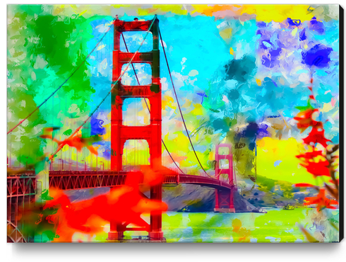 Golden Gate bridge, San Francisco, USA with blue yellow green painting abstract background Canvas Print by Timmy333