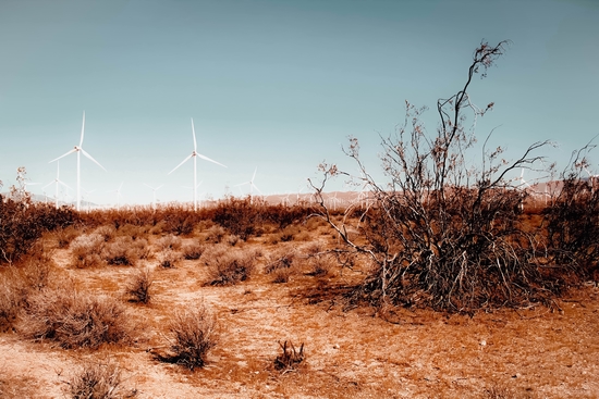 Desert and wind turbine with blue sky at Kern County California USA by Timmy333