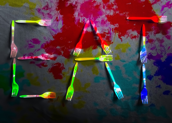 EAT alphabet by fork with red blue green yellow painting abstract background by Timmy333