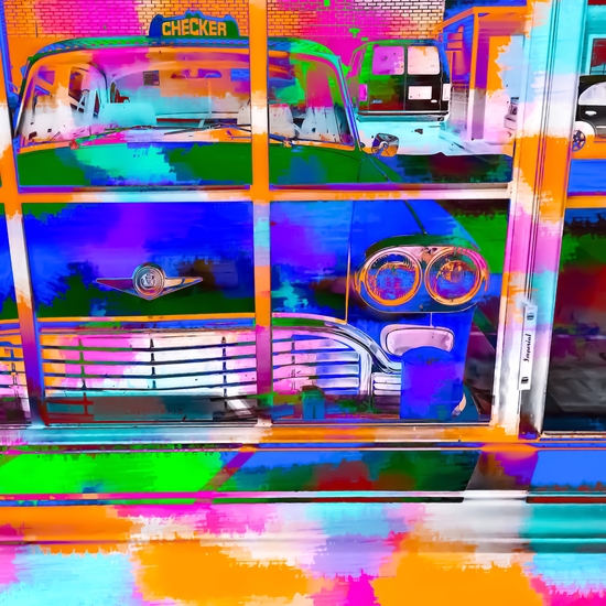 blue classic taxi car with painting abstract in green pink orange  blue by Timmy333