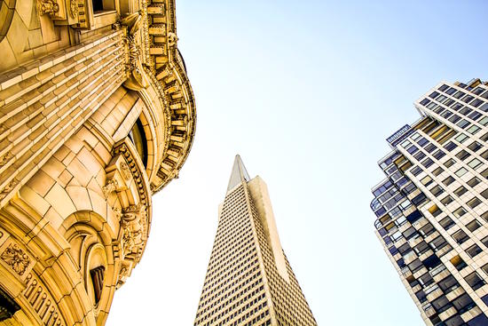 pyramid building and modern building and vintage style building at San Francisco, USA by Timmy333