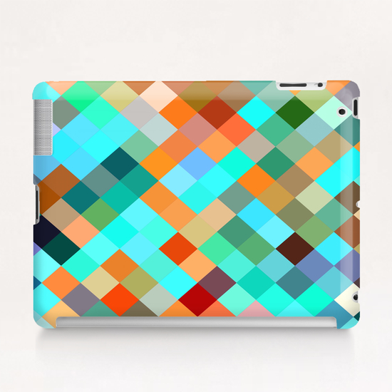 geometric square pixel pattern abstract in blue orange yellow brown green Tablet Case by Timmy333