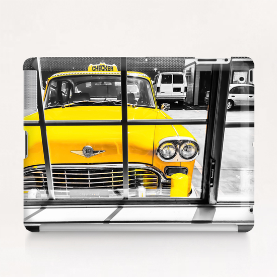 vintage yellow taxi car with black and white background Tablet Case by Timmy333