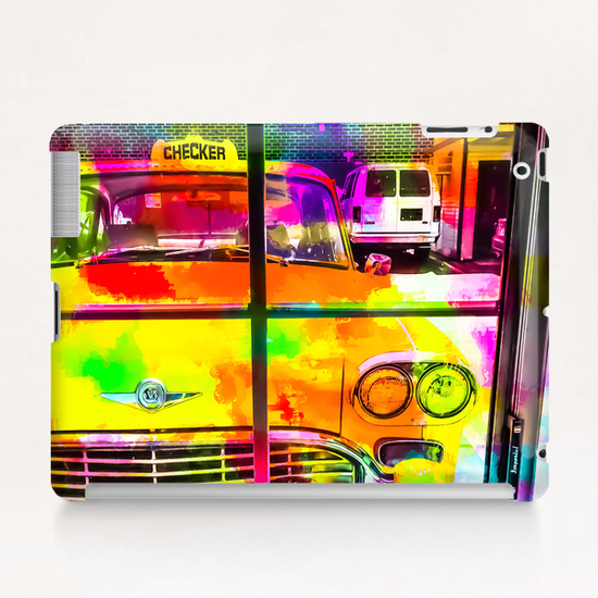 yellow classic taxi car with colorful painting abstract in pink orange green Tablet Case by Timmy333