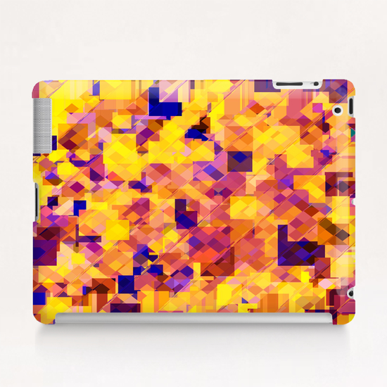 geometric square pixel pattern abstract in yellow blue brown Tablet Case by Timmy333