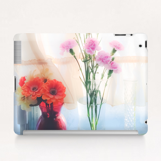 pink flower and orange flower in the vase with curtain background Tablet Case by Timmy333