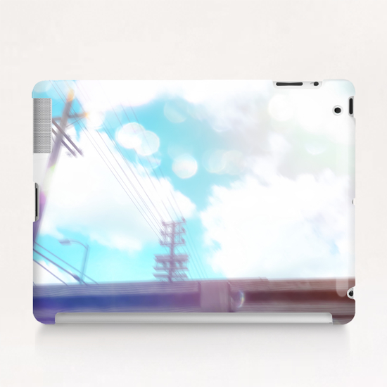 cloudy blue sky and electric pole and wood wall in the city Tablet Case by Timmy333