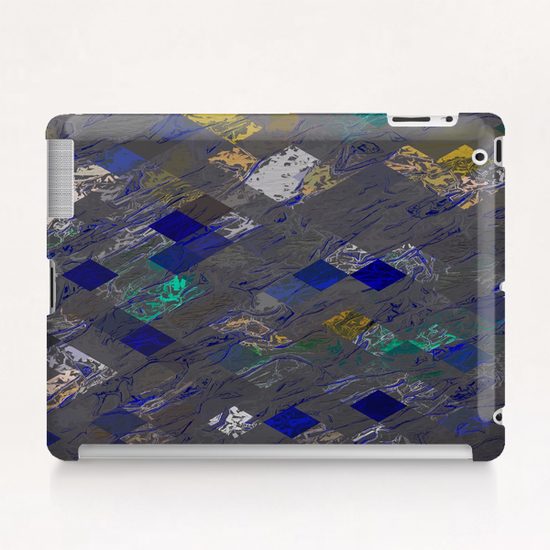 psychedelic geometric pixel square pattern abstract background in blue black yellow Tablet Case by Timmy333