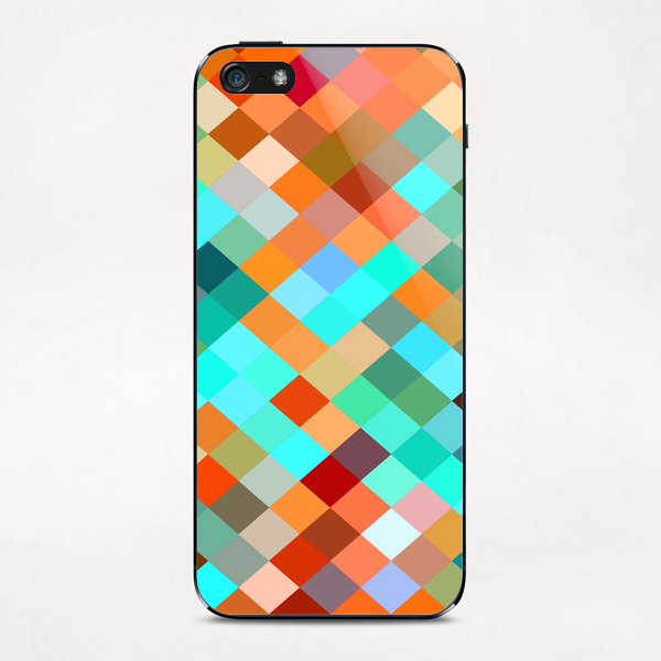 geometric square pixel pattern abstract in blue orange yellow brown green iPhone & iPod Skin by Timmy333