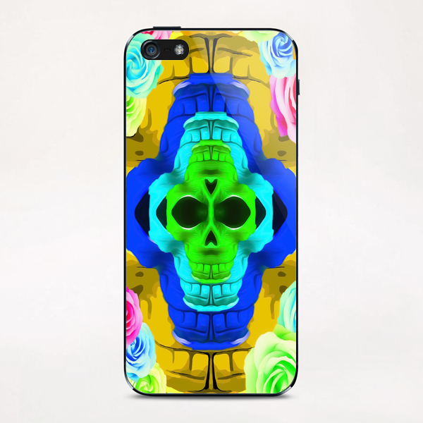 funny skull portrait with colorful roses in pink blue yellow green iPhone & iPod Skin by Timmy333