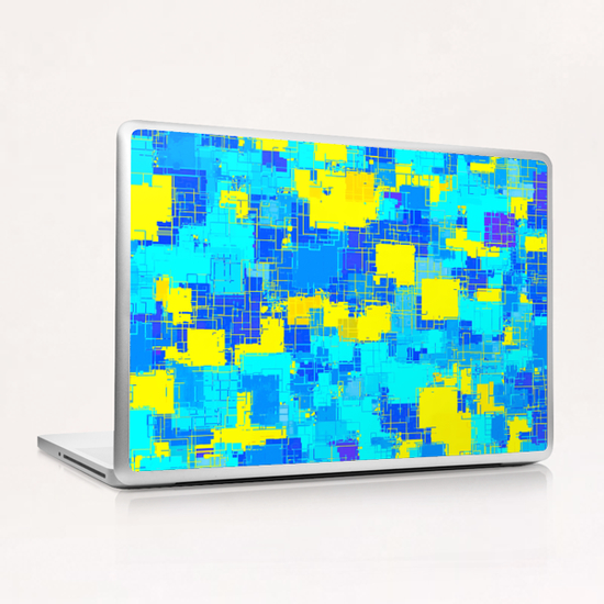 geometric square pixel pattern abstract in blue and yellow Laptop & iPad Skin by Timmy333