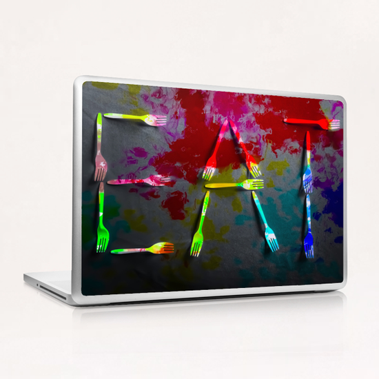 EAT alphabet by fork with red blue green yellow painting abstract background Laptop & iPad Skin by Timmy333