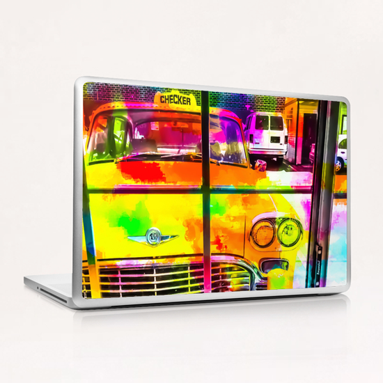 yellow classic taxi car with colorful painting abstract in pink orange green Laptop & iPad Skin by Timmy333