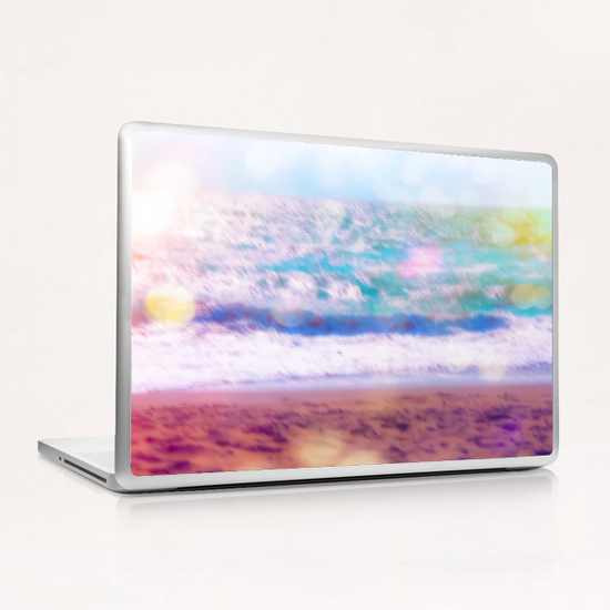 sandy beach with blue wave and summer light bokeh background Laptop & iPad Skin by Timmy333