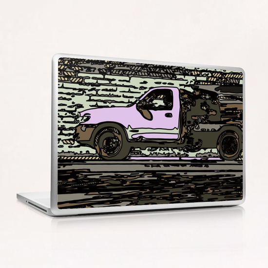 pink car on the road with brick wall background Laptop & iPad Skin by Timmy333