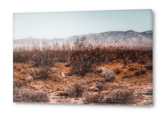 Desert and wind turbine with mountain view at Kern County California USA Acrylic prints by Timmy333